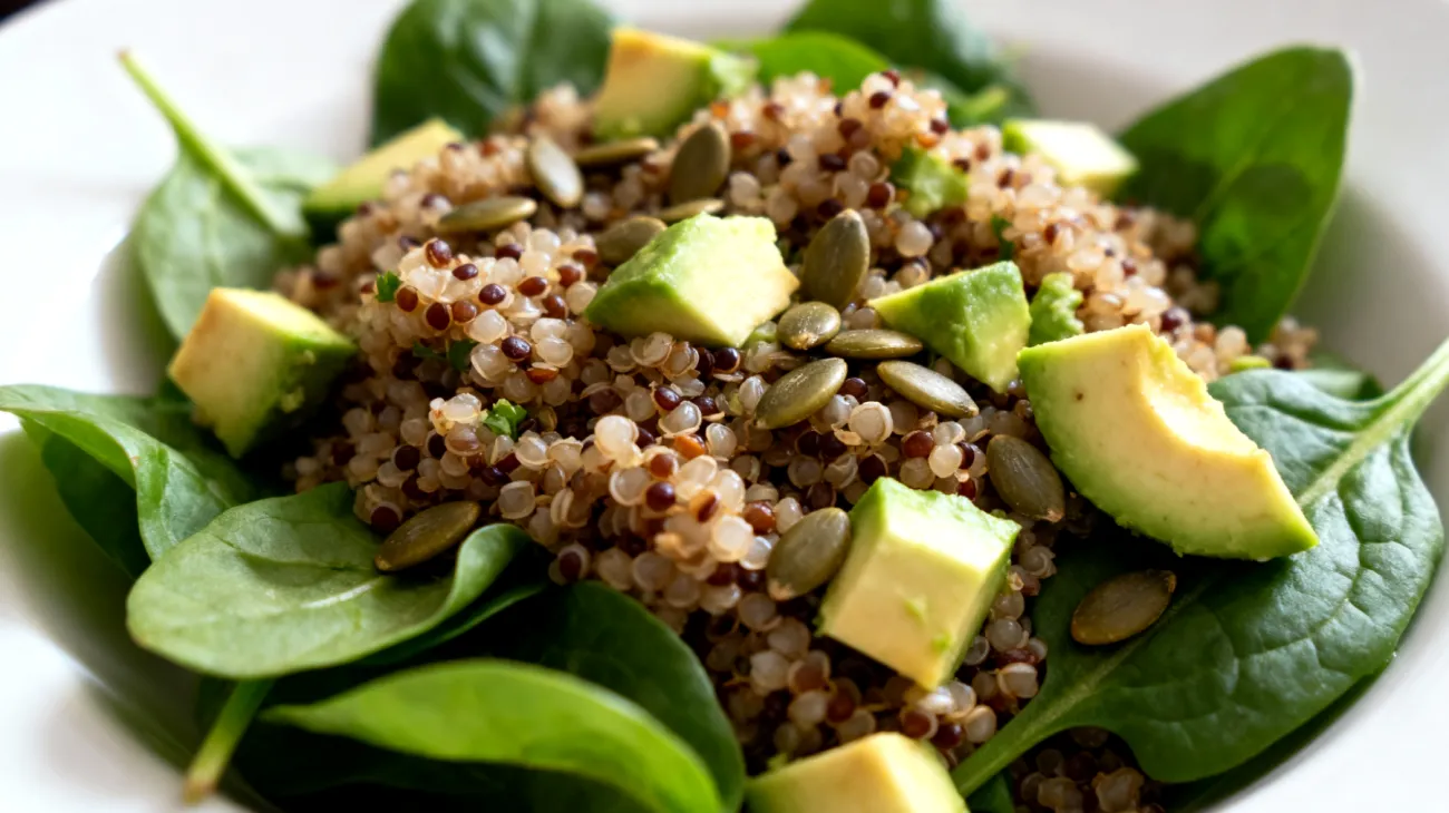 Insalata di quinoa con semi di zucca, spinacini e avocado"