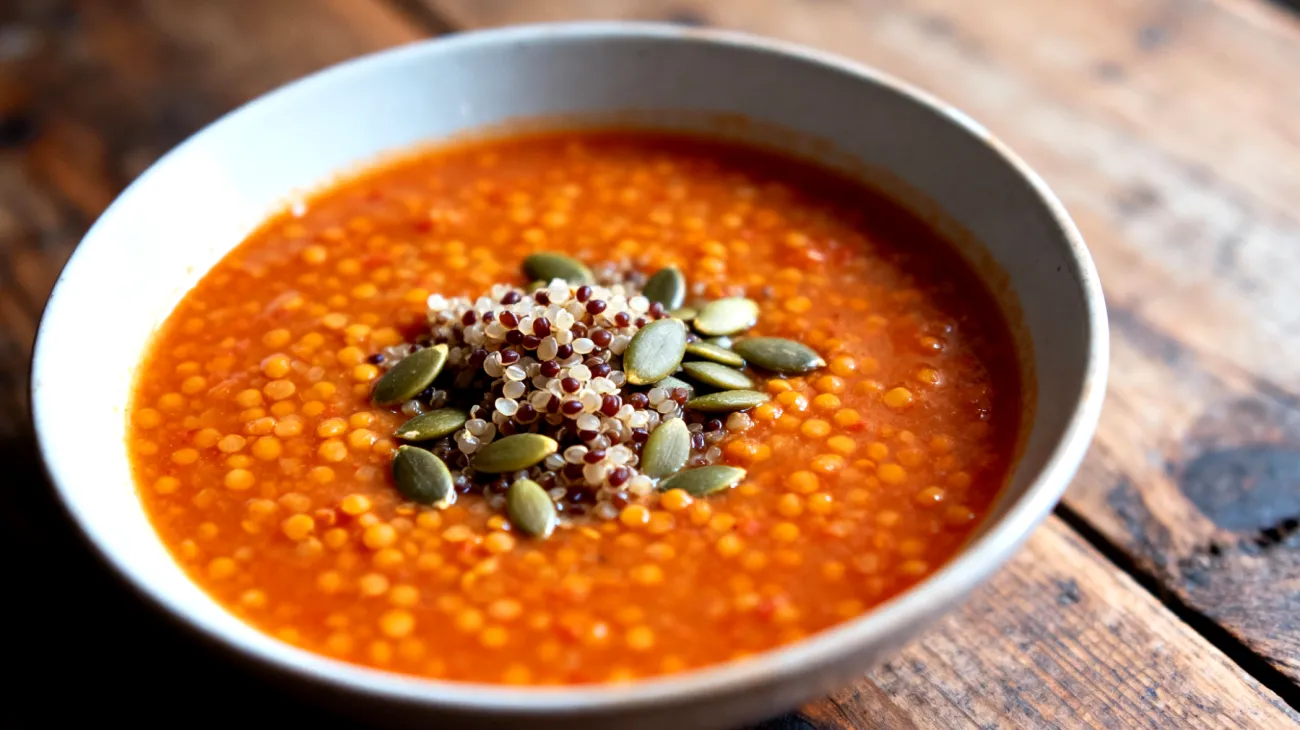 Zuppa di lenticchie rosse decorticate con quinoa e semi di zucca"